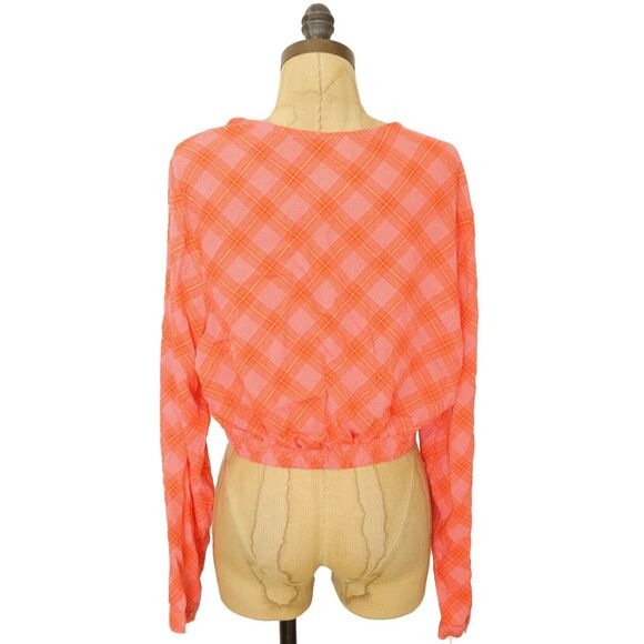 BP Nordstrom Wrap Surplice Crop Ian Bias Top L Orange Plaid Long Sleeve NEW B23 - Picture 4 of 6